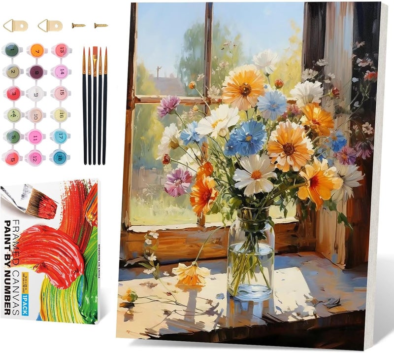 PRASIO Framed Paint by Numbers Kit for Adults Beginner, Flowers Adult Paint by Number Kits on Canvas Framed, DIY Acrylic Watercolor Oil Paint by Numbers with Frame for Gift Home Decor 16x20 Inch - Image 1